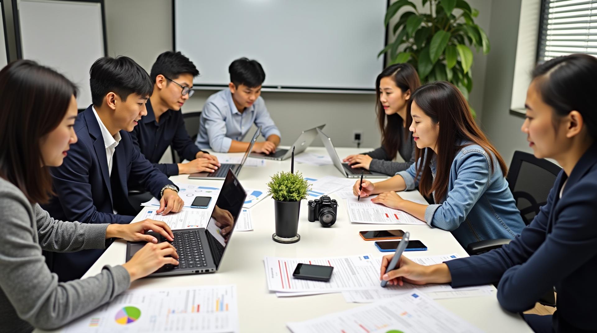 There are 7 Taiwanese people, 3 boys and 4 girls, in the Taiwan office. They are discussing work. There are 2 laptops, 3 single-lens cameras and 5 mobile phones on the table. There are also some papers scattered on the table with EXCEL on them. Tables and statistical graphics