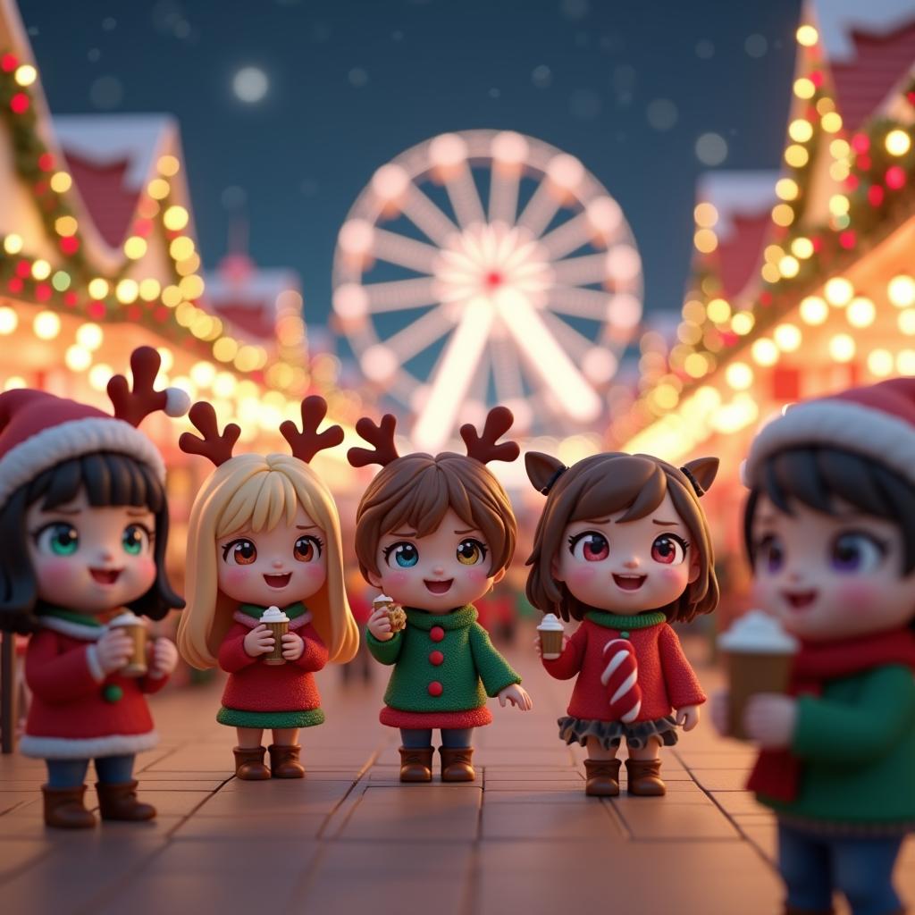 A vibrant 3D render of a chibi-style crowd strolling through a festive Christmas market on a pier. Each chibi character is dressed in unique Christmas-themed outfits, such as red-and-green sweaters, Santa hats, and reindeer antlers. Some characters hold steaming cups of hot cocoa, while others are munching on candy canes and pretzels. A brightly lit Ferris wheel glows in the background against a dark, starry sky. Twinkling Christmas lights hang throughout, adding warmth to the scene. The background is slightly blurry, emphasizing the cheerful expressions and multicolored eyes of the chibi characters. All chibis are of similar proportions, giving a harmonious yet bustling atmosphere.

