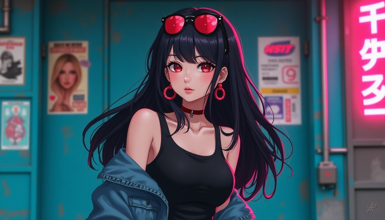 Create an image of a stylish, modern anime style young woman with long, flowing black hair, adorned with red sunglasses on her head and red earrings. She is wearing a black tank top, and an off-shoulder denim jacket. The background is a vibrant, urban setting with blue walls and various posters. The overall style should be cyberpunk with a touch of realism, emphasizing the contrast between the character and the gritty urban environment.