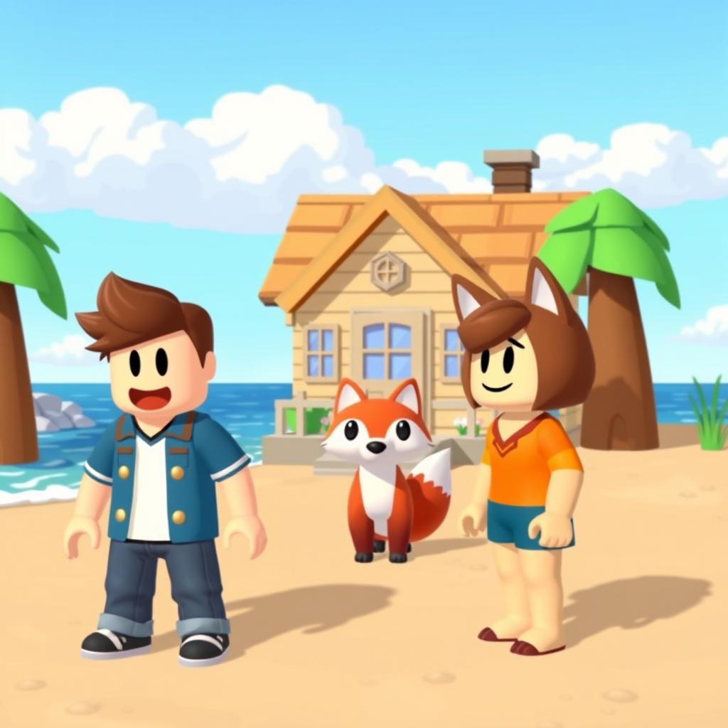 A thumbnail for a roblox game in a 2d cartoony style, the game is a roblox rendition of animal crossing and borrows elements of that style, two classic roblox noob players and one fox NPC are standing on the beach, in front of a small house