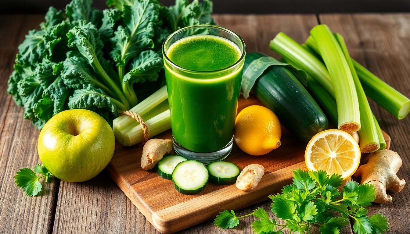 A vibrant still life of fresh green smoothie ingredients arranged on a rustic wooden surface. The scene features a glass of green juice alongside fresh produce, including a green apple, kale leaves, celery stalks, cucumber slices, a lemon wedge, and a piece of ginger. The wooden cutting board holds some of the ingredients, adding a natural touch. The lighting is soft and natural, emphasizing the freshness and textures of the fruits and vegetables, with a cozy and inviting atmosphere.