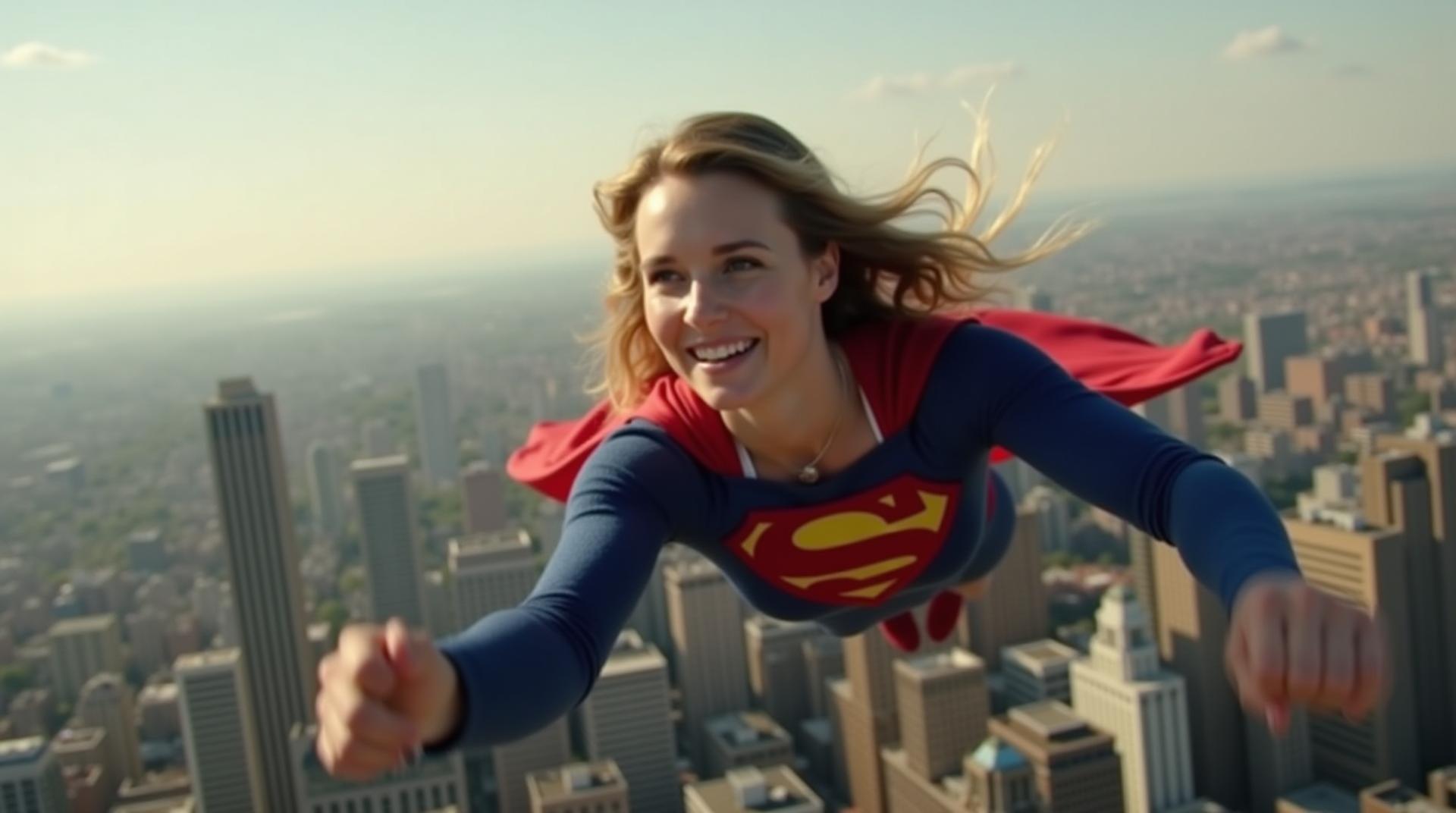 Supergirl, gliding in the air over the city, camera zoomed out.