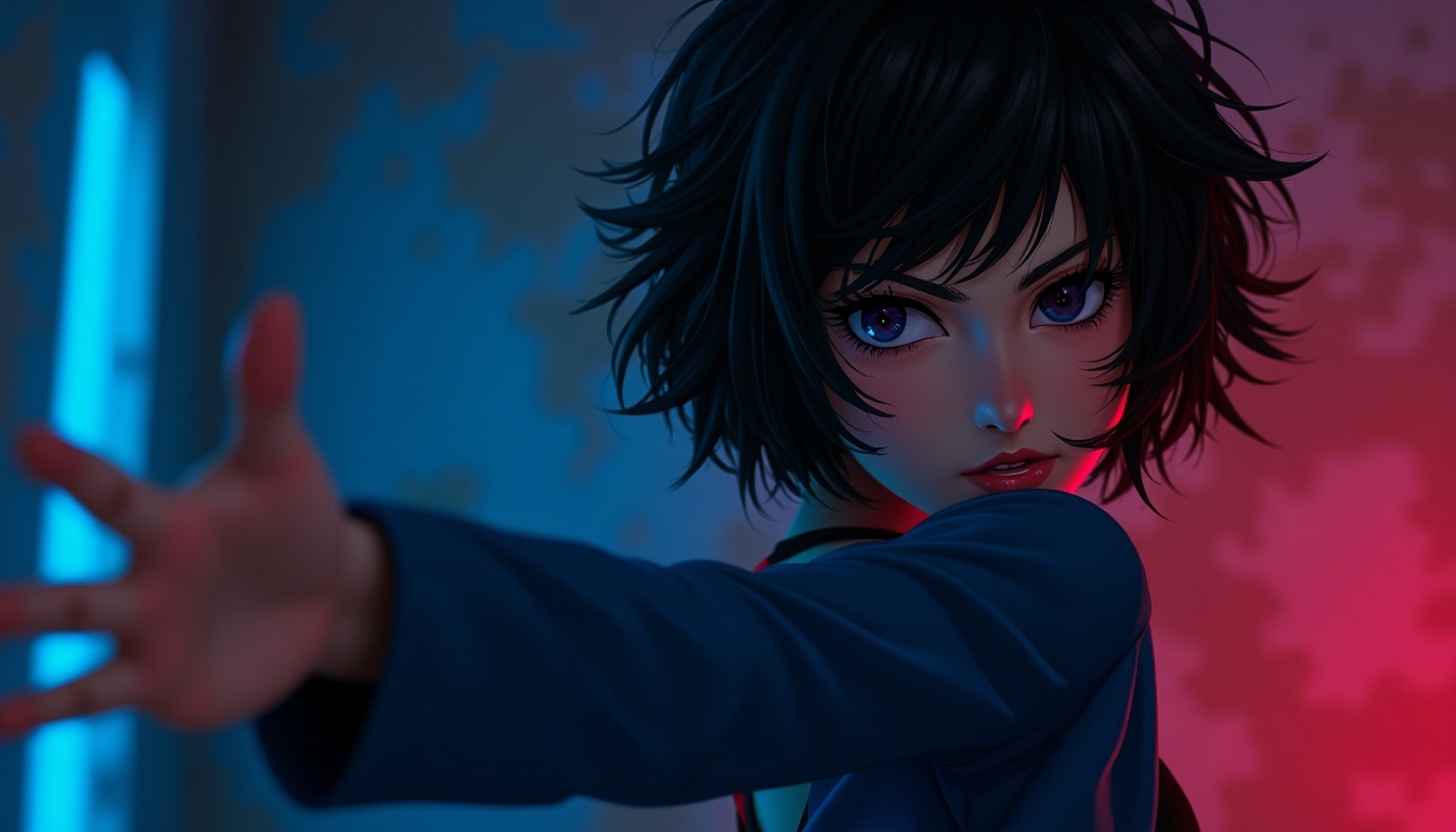 
Create an image of a mysterious anime-style woman with short, tousled black hair, bathed in dramatic blue and red neon lighting. Her expression should be enigmatic, with a hint of intensity, as she extends one arm out, creating a dynamic pose. The background should be a gritty, urban setting with peeling paint, enhancing the contrast between her and the environment. The lighting should emphasize her features and create a sense of depth and moodiness.