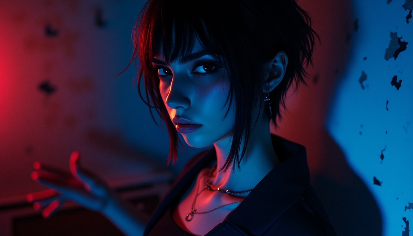 
Create an image of a mysterious anime style woman with short, tousled black hair, bathed in dramatic blue and red neon lighting. Her expression should be enigmatic, with a hint of intensity, as she extends one arm out, creating a dynamic pose. The background should be a gritty, urban setting with peeling paint, enhancing the contrast between her and the environment. The lighting should emphasize her features and create a sense of depth and moodiness.