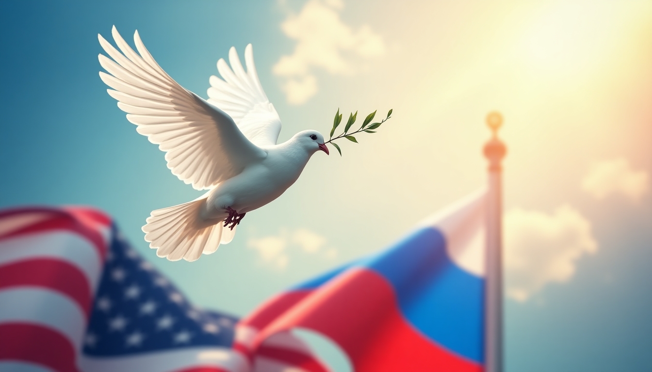 Create an impactful image that symbolizes peace talks between USA and Russia, using the provided image as inspiration. The image should feature a majestic white dove holding an olive branch, soaring above the intertwined flags of USA and Russia. Enhance the background with a vibrant, clear sky with rays of sunlight breaking through the clouds, symbolizing hope and a new beginning. Ensure the dove is illuminated with a soft, divine light, highlighting its role as a peace messenger. The flags should have a gentle, unifying glow, emphasizing the potential for harmony. The composition should be dynamic, with the dove's wings spread wide, capturing the essence of freedom and peace.