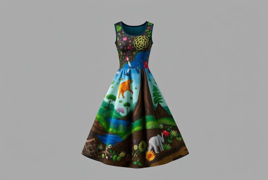 . Biome Dress: A dress that features a biome-inspired design, with ecosystems and organisms visible.;