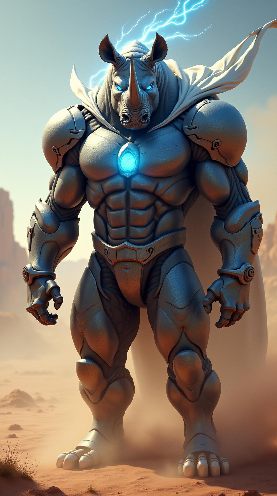 A powerful hybrid creature stands in the desert, its body a fusion of the rhinoceros’s thick armor-like hide and the Super Hero’s sleek metallic plating. Its glowing blue eyes pierce the dust-filled air, and its horn now crackles with energy. A flowing energy cloak trails behind as it stands firm, radiating strength and power.