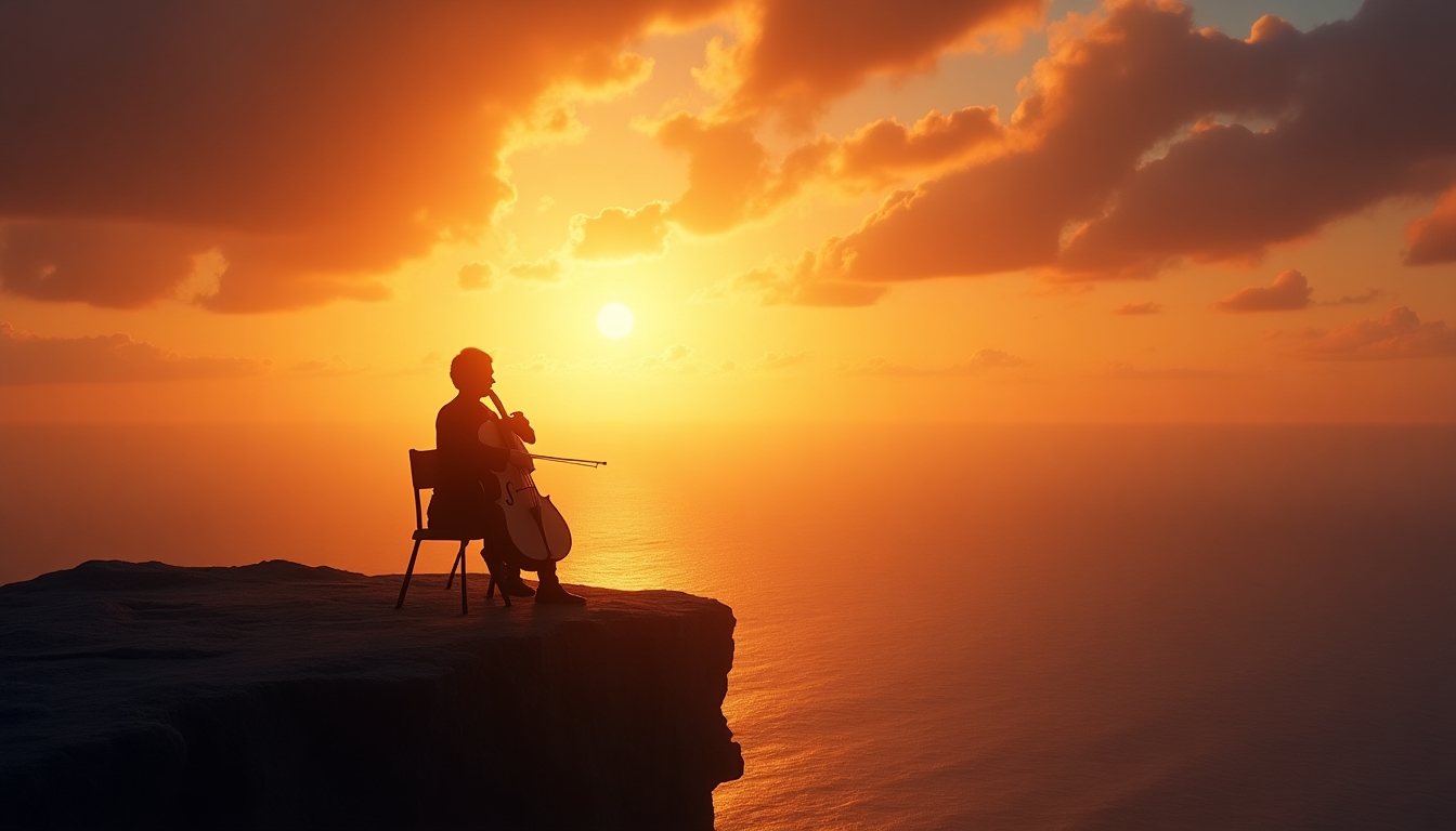 A lone cellist silhouetted against a dramatic sunset on a cliff's edge, with golden light reflecting on the ocean below. The background transitions into a surreal blend of glowing synth lines weaving through the sky, leading to a vast, ethereal orchestra shimmering in the distance, symbolizing the journey from intimate emotion to grandeur.
