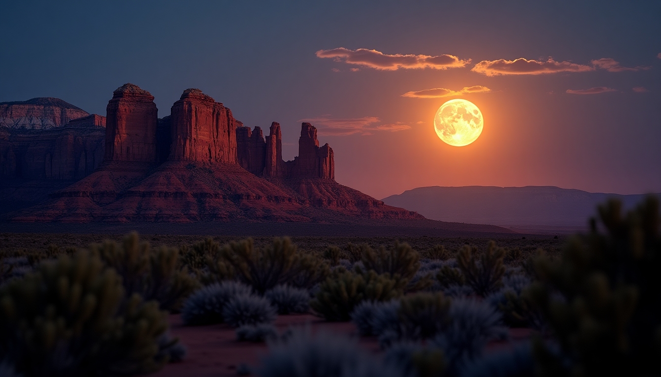 Create a stunning, high-resolution image of a majestic desert landscape at dusk. The focal point should be a large, luminous full moon rising behind towering, red sandstone rock formations, reminiscent of those found in places like Sedona, Arizona. The moon should cast a warm, golden glow over the rugged terrain, enhancing the texture of the rock formations. Include a few scattered clouds in the sky to add depth and drama to the scene. Ensure the foreground is rich with desert vegetation, creating a contrast between the dark silhouettes of the plants and the illuminated rocks. The overall mood should be serene yet powerful, capturing the beauty and mystery of the desert night.