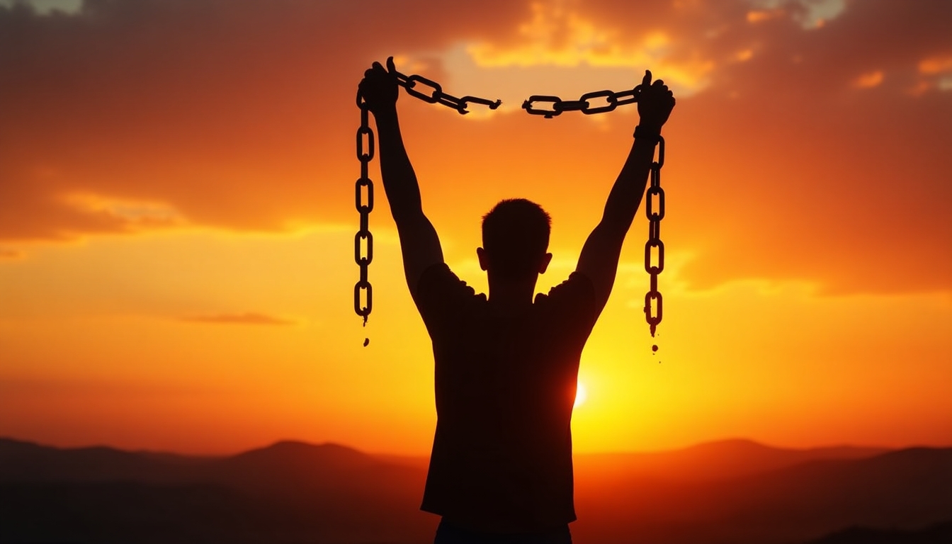 Create an image of a silhouette of a person standing against a vibrant sunset skyline. The person is holding up broken chains over their head, symbolizing freedom from oppression or breaking free from constraints. The chains should be detailed, with some links visibly broken, and the silhouette should be dark against the bright, colorful sky. Enhance the contrast between the dark silhouette and the warm hues of the sunset to evoke a strong sense of liberation and hope.