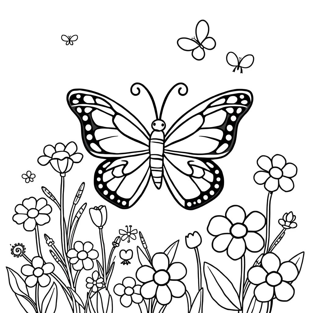 coloring page for kids, realistic cartoon style, butterfly and flowers, happy, simple