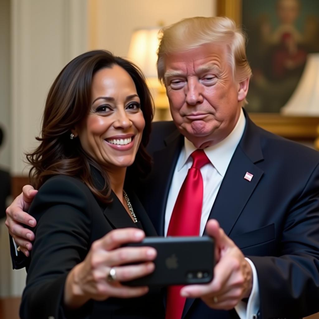 A realistic selfie of Kamala Harris and Donald Trump together. The image must be from the perspective of the phone camera the selfie is being taken from.