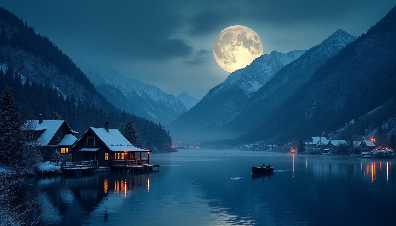 Create an enhanced, dramatic version of a serene winter night scene. The image features a full moon casting its glow over a tranquil lake with a single boat on the water. Snow-covered mountains rise majestically in the background, and quaint houses with snow-dusted roofs line the foreground. The scene should evoke a sense of peaceful solitude and the quiet beauty of nature. Increase the contrast to make the moonlight more vivid, enhance the reflections on the water, and add a slight ethereal glow to the snow on the mountains and rooftops to make the scene more magical