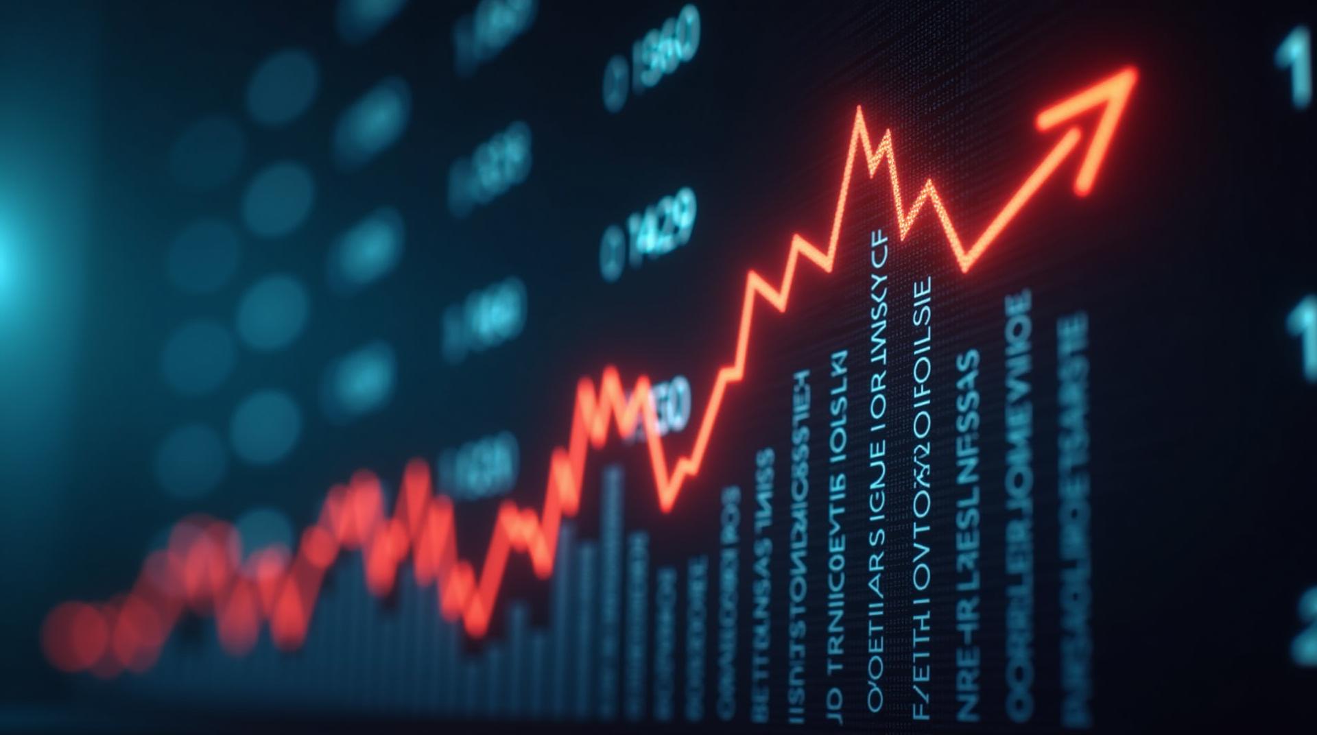 Show a ((glowing stock market ticker)) rising sharply on a digital screen, with the 'No.1' stock being highlighted with ((upward graphs)).