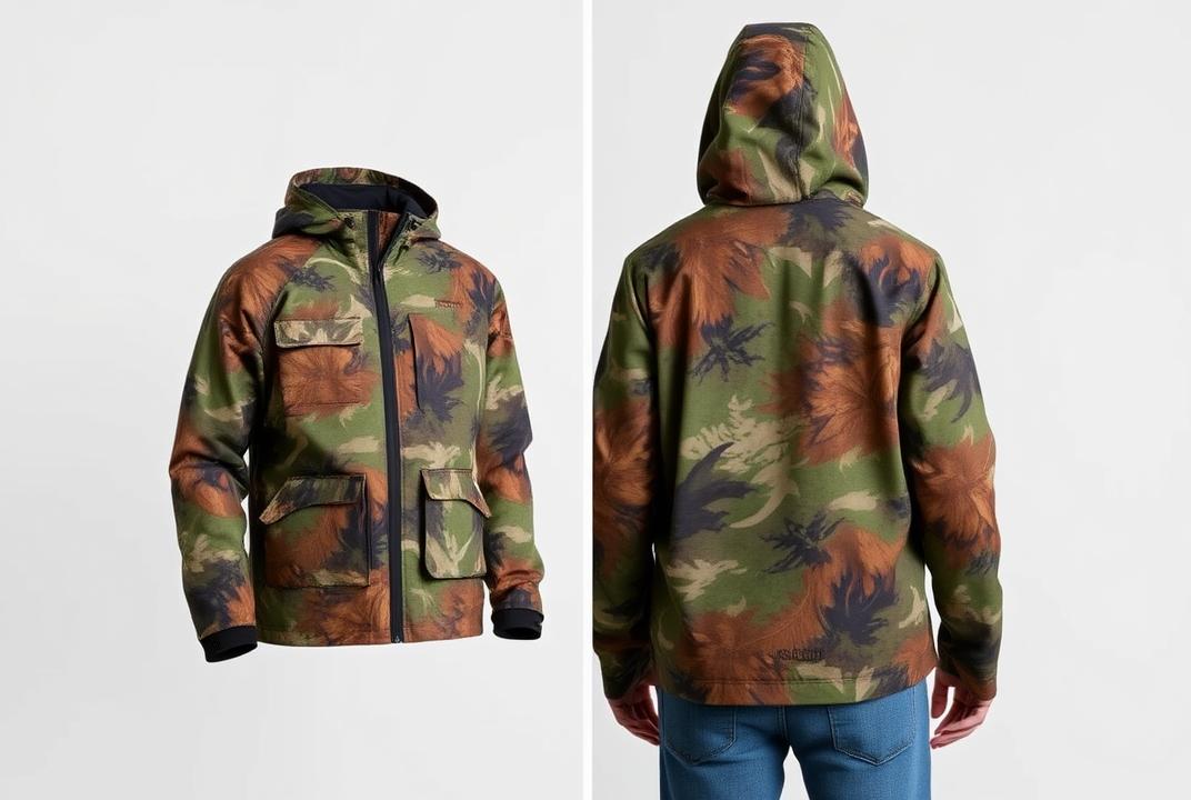 . Nature-Inspired Camouflage Jacket:Camouflage patterns inspired by natural elements like leaves, bark, or animal markings.;