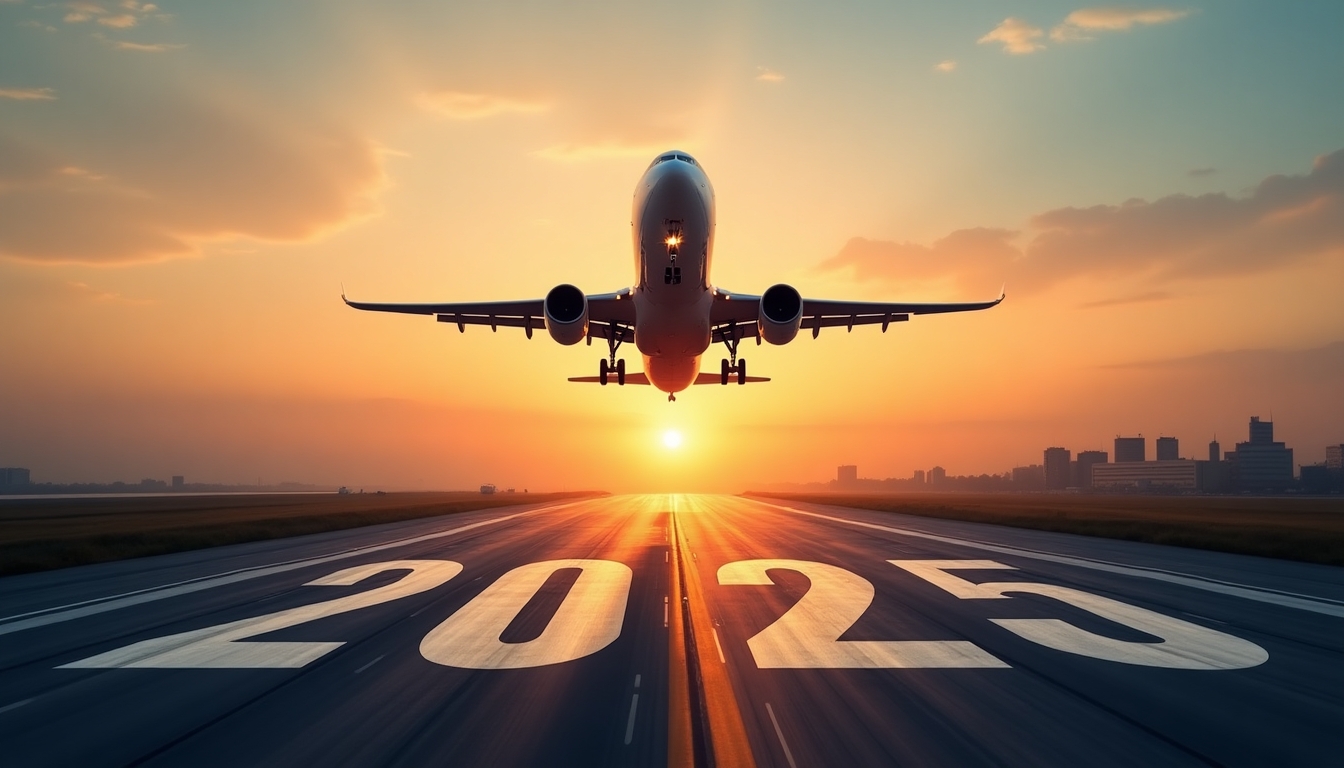 Create an image of a commercial airplane taking off from a runway at sunrise, with the year '2025' prominently displayed on the runway. Enhance the sense of motion and future by adding dynamic lighting effects and a more vivid sunrise, making the scene appear highly optimistic and forward-looking. Ensure the airplane is detailed and majestic, symbolizing progress and innovation