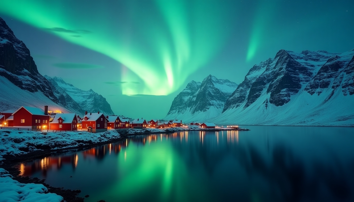 Create a breathtaking image of a serene coastal village under the mesmerizing Northern Lights. The sky should be filled with vibrant greens, purples, and blues of the aurora borealis, casting a magical glow over the snow-capped mountains in the background. The village, with its quaint houses, should be reflected perfectly in the calm, clear waters of the fjord. Enhance the colors and light to make the scene feel both realistic and fantastically otherworldly. Ensure the details of the houses, the texture of the snow, and the tranquility of the water are vividly captured.