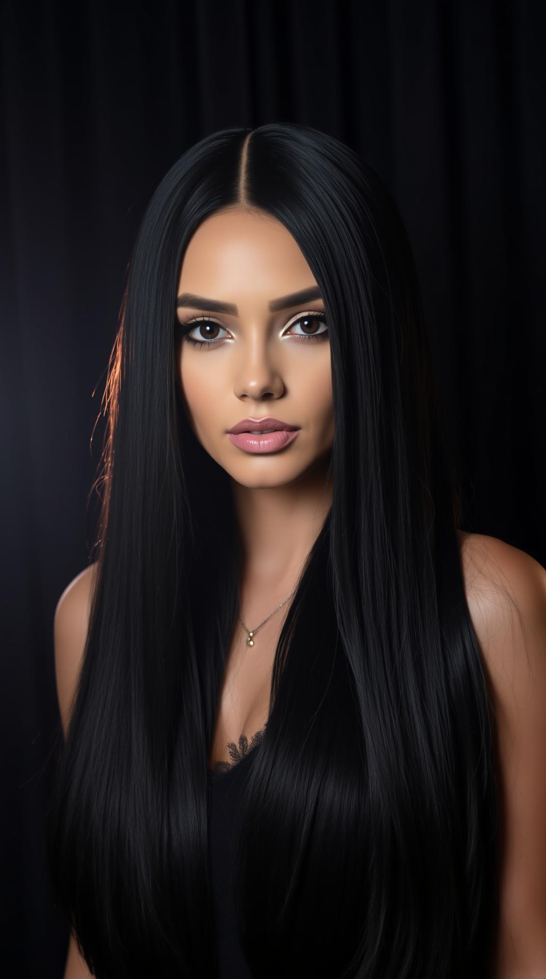 A stunning woman with glossy black long hair cascading in voluminous hair, straight hair with the length past her shoulders. Her hair is thick and silky, reflecting light beautifully, enhancing its rich shine. She has a perfectly styled middle part, framing her face symmetrically. The lace front of the wig blends seamlessly into her skin, making the hairline look natural and flawless. She wears subtle, glamorous makeup with bold lashes, soft nude lips, and defined brows. Her eyes gaze confidently into the camera, exuding elegance and poise. The background is dimly lit with a luxurious, dark aesthetic, featuring black velvet curtains and a faint glow of soft lighting, creating a high-fashion, editorial-style atmosphere. The image has a cinematic, moody ambiance, emphasizing her beauty and the stunning texture of her hair.