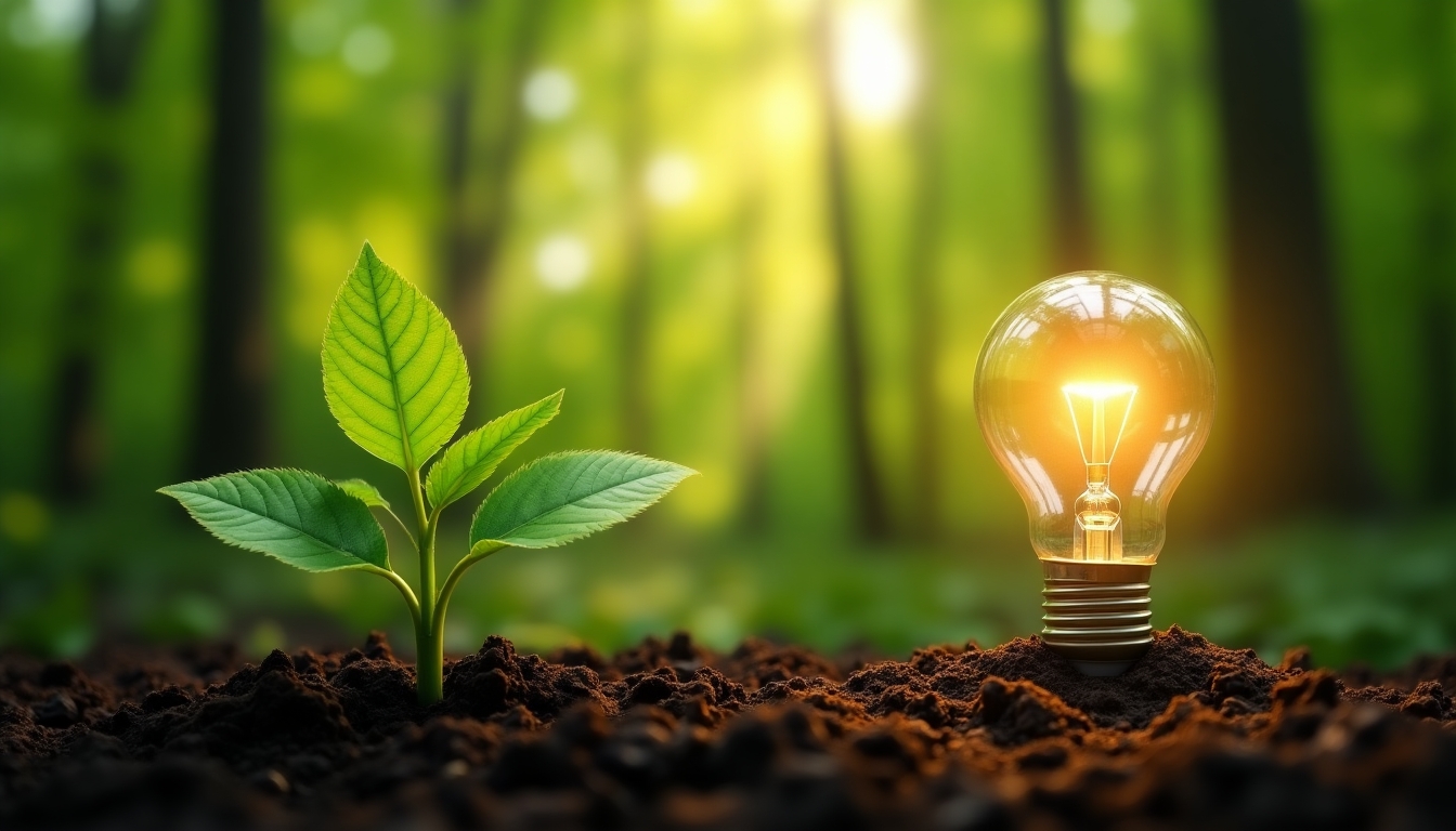 Create an image that symbolizes the fusion of nature and innovation. In the foreground, depict a vibrant green plant sprouting from rich, dark soil. Next to the plant, place a glowing light bulb that emits a warm, golden light, symbolizing ideas and growth. The background should be a lush, green forest with sunlight filtering through the leaves, creating a serene and hopeful atmosphere. Ensure the light from the bulb reflects slightly on the leaves of the plant, emphasizing the connection between technology and nature.