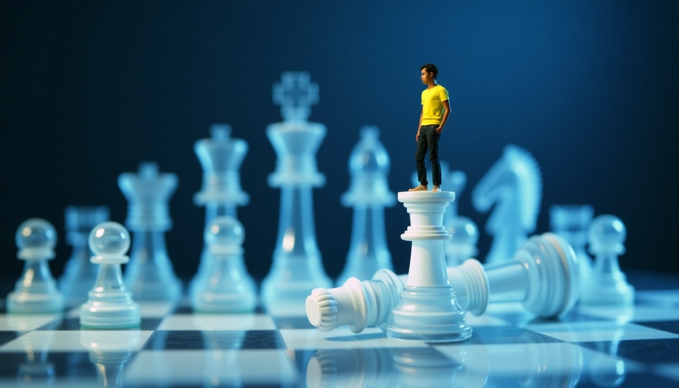 Create an image depicting a dramatic chess scene where a tiny human figure, dressed in a bright yellow shirt, sits confidently atop a fallen white king chess piece. The chessboard is illuminated with a soft blue light, enhancing the transparency and brilliance of the glass chess pieces. The other chess pieces, including a knight, bishop, rook, and pawn, stand tall in the background, casting intricate shadows on the checkered board. The scene should evoke a sense of victory, strategy, and the human element in the game of chess. 