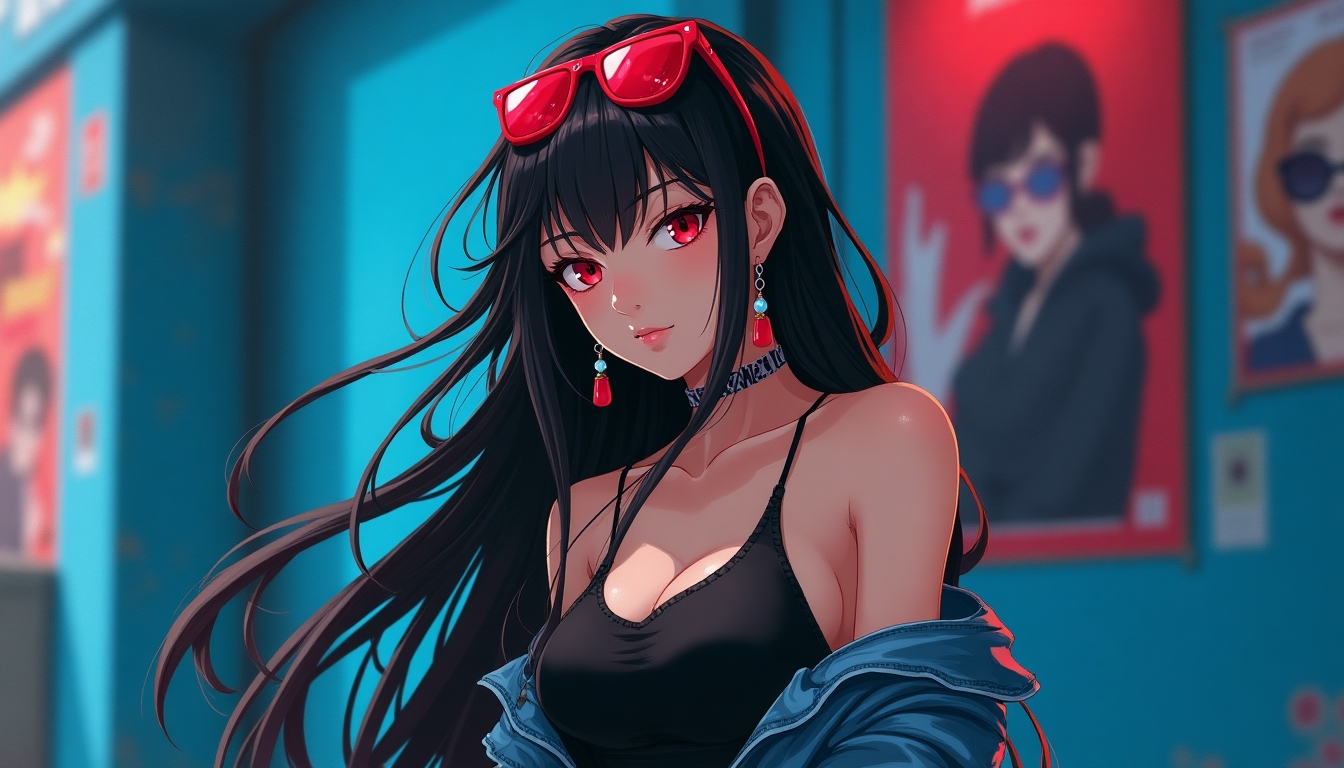 Create an image of a stylish, modern anime style young woman with long, flowing black hair, adorned with red sunglasses on her head and red earrings. She is wearing a black tank top, and an off-shoulder denim jacket. The background is a vibrant, urban setting with blue walls and various posters. The overall style should be cyberpunk with a touch of realism, emphasizing the contrast between the character and the gritty urban environment.