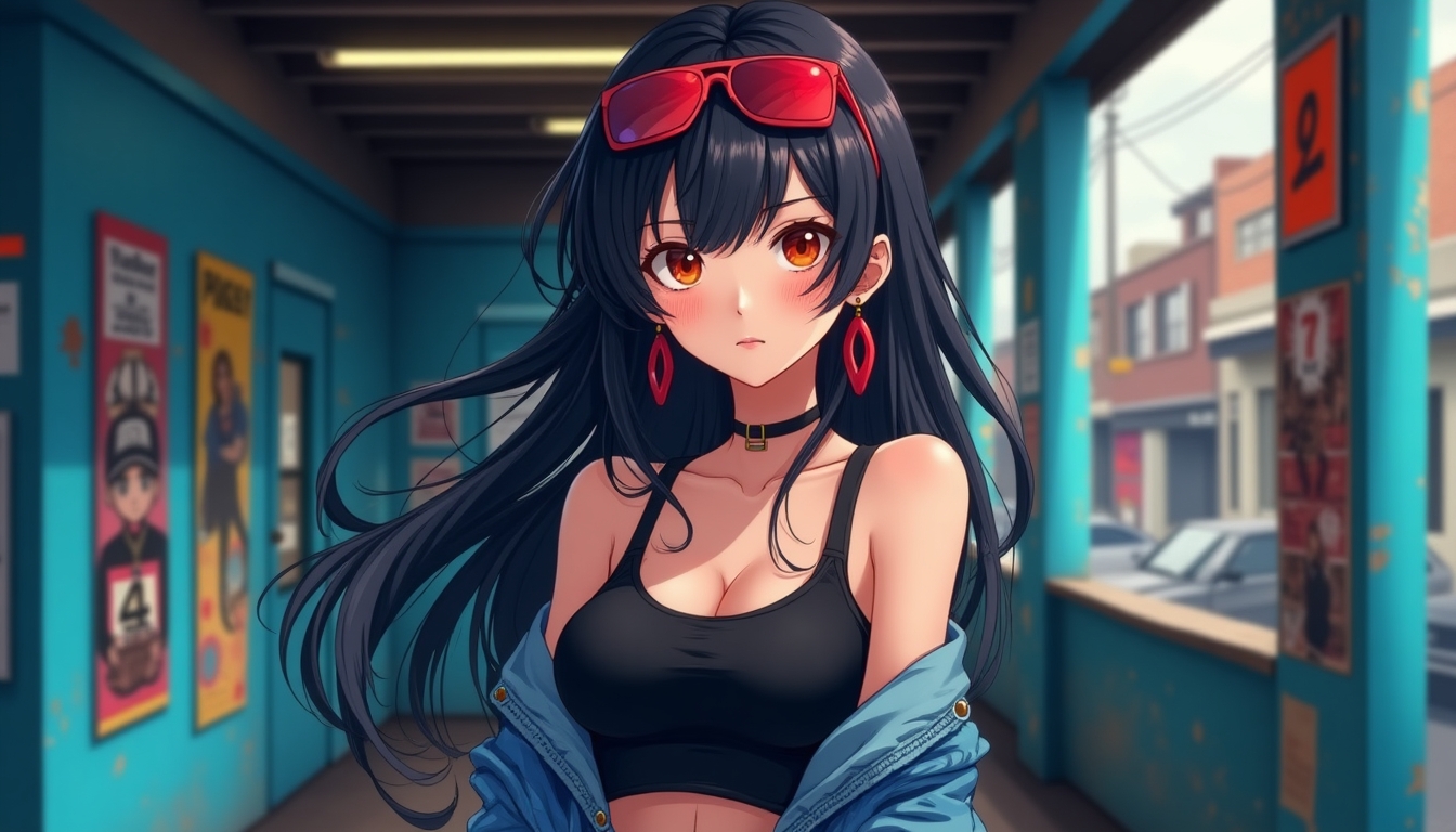 Create an image of a stylish, modern anime style young woman with long, flowing black hair, adorned with red sunglasses on her head and red earrings. She is wearing a black tank top, and an off-shoulder denim jacket. The background is a vibrant, urban setting with blue walls and various posters. The overall style should be cyberpunk with a touch of realism, emphasizing the contrast between the character and the gritty urban environment.