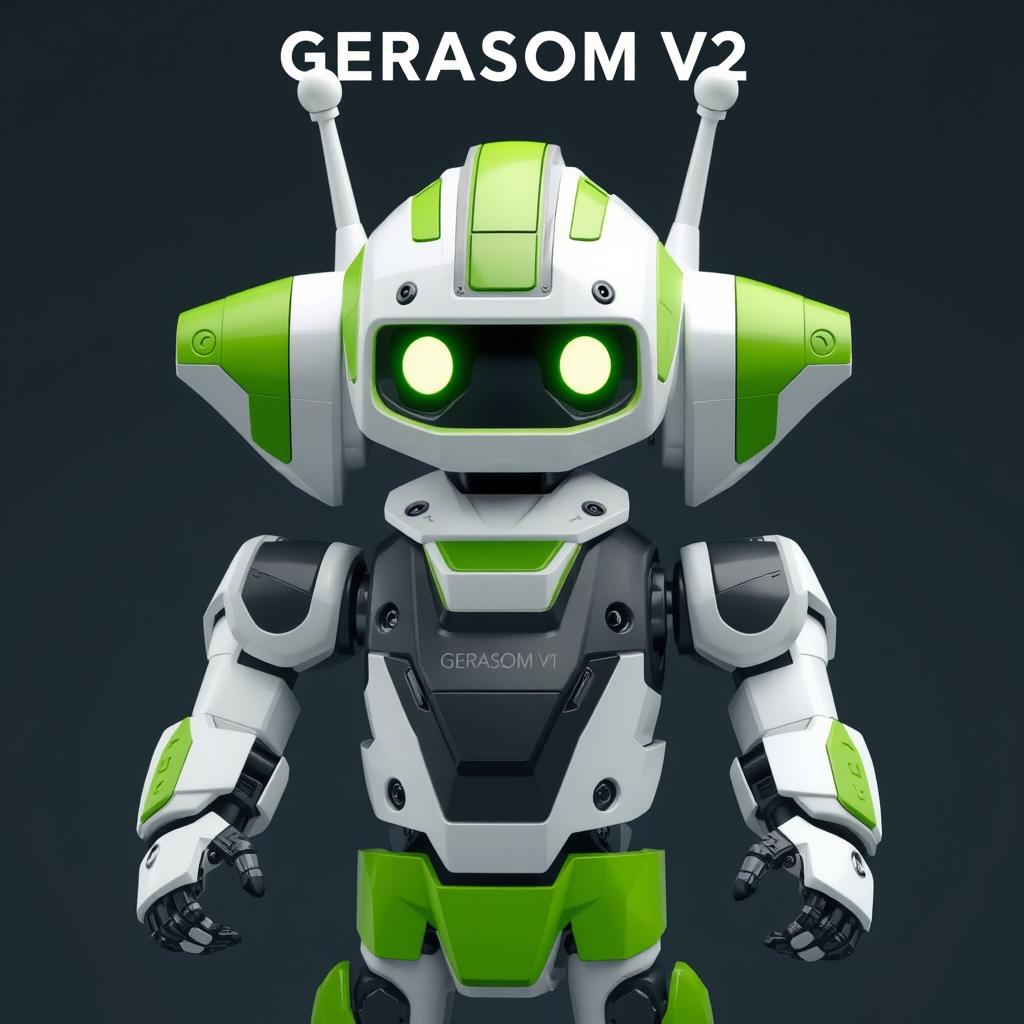 a robot with the colors white and green annuncing that "GERASOM V2 Está Chegando"