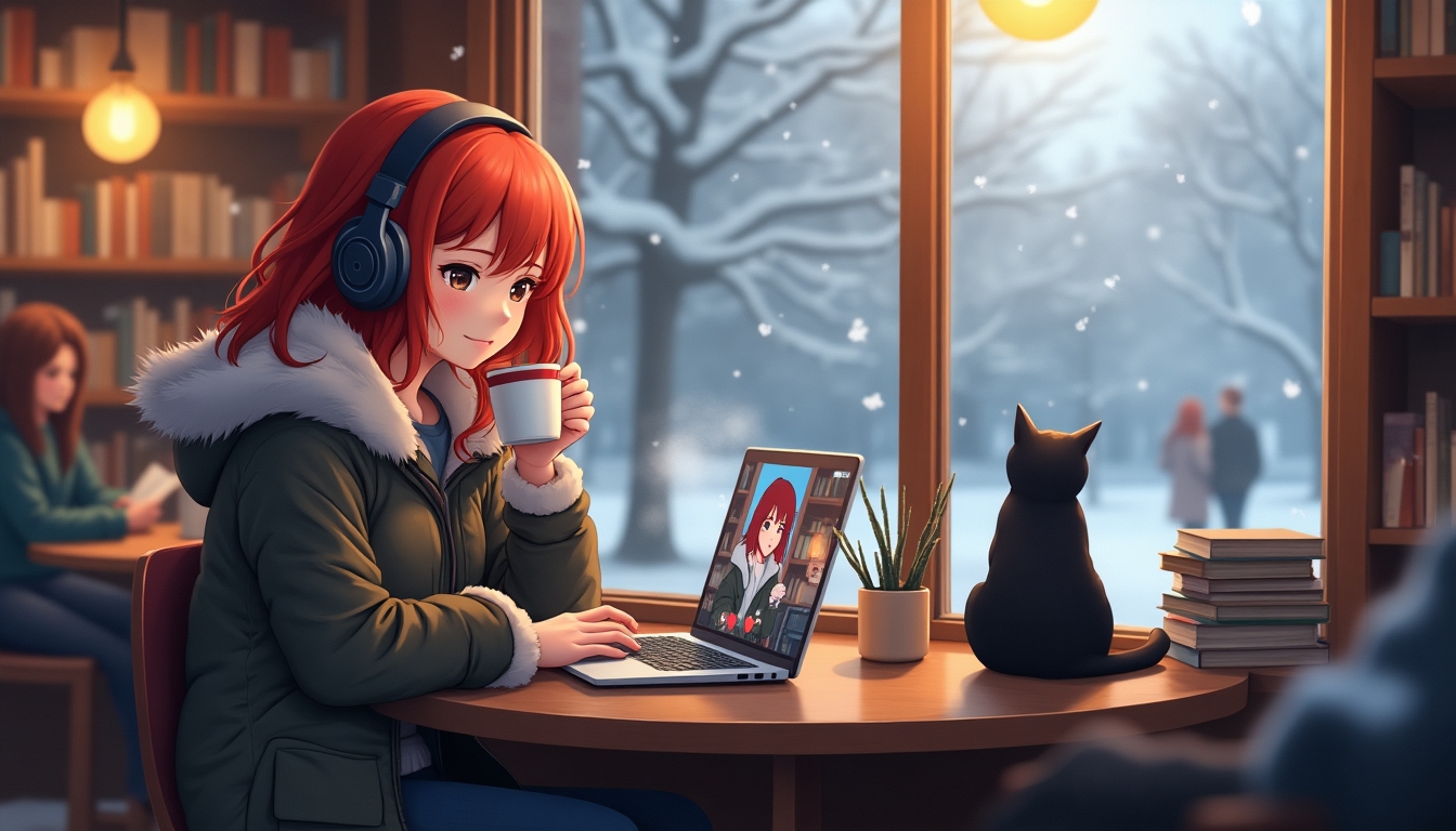 Create an image of a cozy winter scene inside a warmly lit library. A young anime-style woman with red hair, wearing large headphones and a fur-lined parka, is sitting at a table working on her laptop. She is sipping hot coffee, with steam visibly rising from the cup. The laptop screen shows a video call with friends. Snow is gently falling outside the large window, where a black cat is sitting on the windowsill, looking out. In the background, there are a few people reading books. The atmosphere is serene and focused, highlighting the contrast between the warm interior and the cold, snowy exterior.