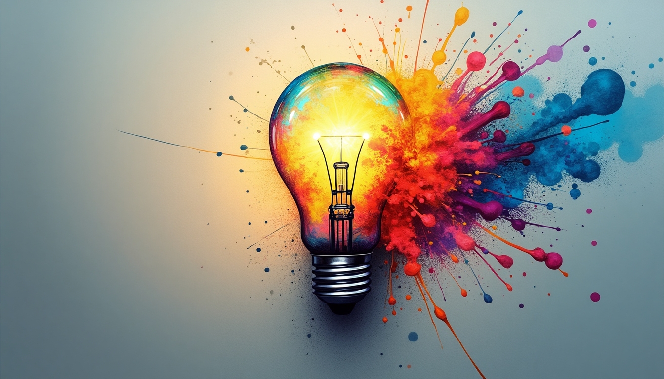 Create a vibrant and dynamic image of a light bulb with an explosion of colorful paint splashes emanating from it. The light bulb should be centrally positioned, with the paint splashes radiating outward in a spectrum of colors including blue, red, yellow, green, and purple. The background should be a textured, neutral gray to make the colors pop. The paint splashes should appear as if they are bursting from the light bulb, symbolizing creativity and innovation. Ensure the light bulb itself has a realistic glass texture with a slight glow inside to enhance the visual impact.