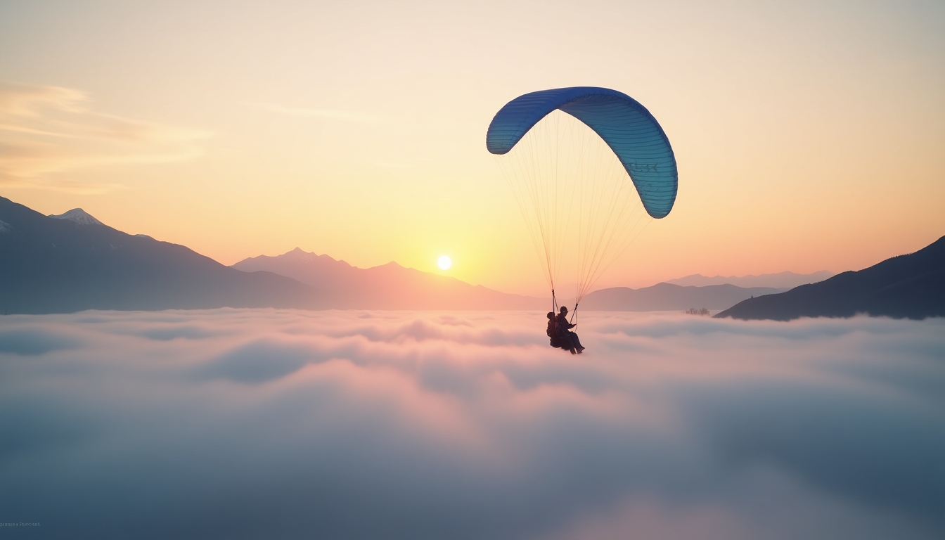 
Create an image of a paraglider soaring above a sea of clouds at sunrise, with majestic mountains in the background. The sun should be casting a golden glow over the scene, enhancing the ethereal beauty of the moment. The paraglider should have a vibrant blue canopy, contrasting beautifully with the soft pastel colors of the sky and clouds. Ensure the image conveys a sense of freedom, adventure, and the serene beauty of nature.