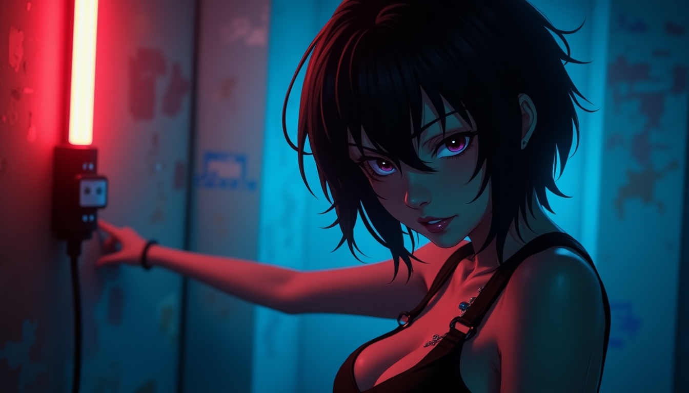 
Create an image of a mysterious anime-style woman with short, tousled black hair, bathed in dramatic blue and red neon lighting. Her expression should be enigmatic, with a hint of intensity, as she extends one arm out, creating a dynamic pose. The background should be a gritty, urban setting with peeling paint, enhancing the contrast between her and the environment. The lighting should emphasize her features and create a sense of depth and moodiness.