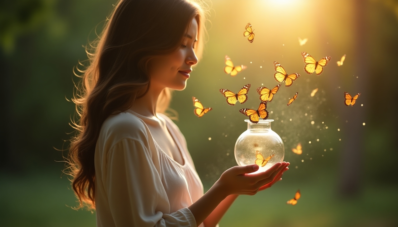 Witness the captivating scene of a young woman (not showing her face) gently releasing butterflies from a glass vase, symbolizing freedom, transformation, and the beauty of nature. The soft, ethereal lighting enhances the magical atmosphere