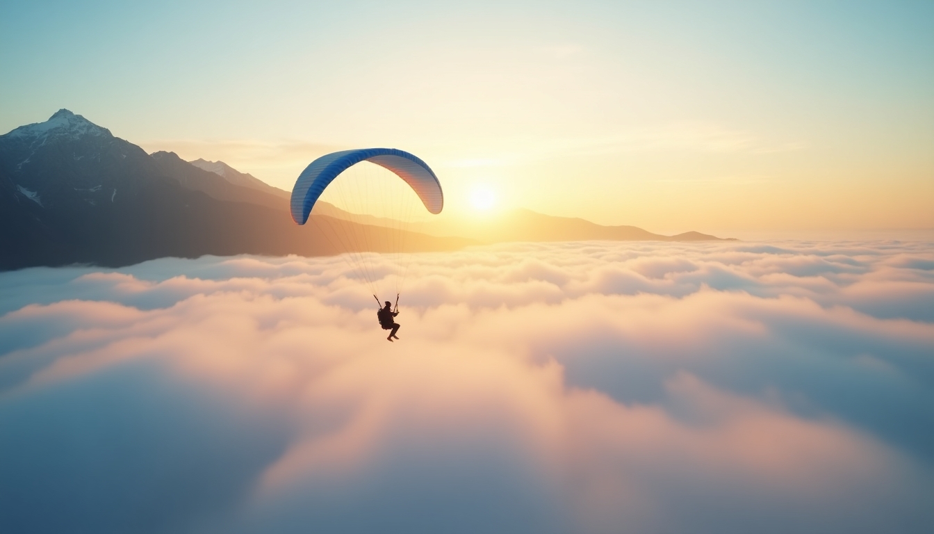 
Create an image of a paraglider soaring above a sea of clouds at sunrise, with majestic mountains in the background. The sun should be casting a golden glow over the scene, enhancing the ethereal beauty of the moment. The paraglider should have a vibrant blue canopy, contrasting beautifully with the soft pastel colors of the sky and clouds. Ensure the image conveys a sense of freedom, adventure, and the serene beauty of nature.