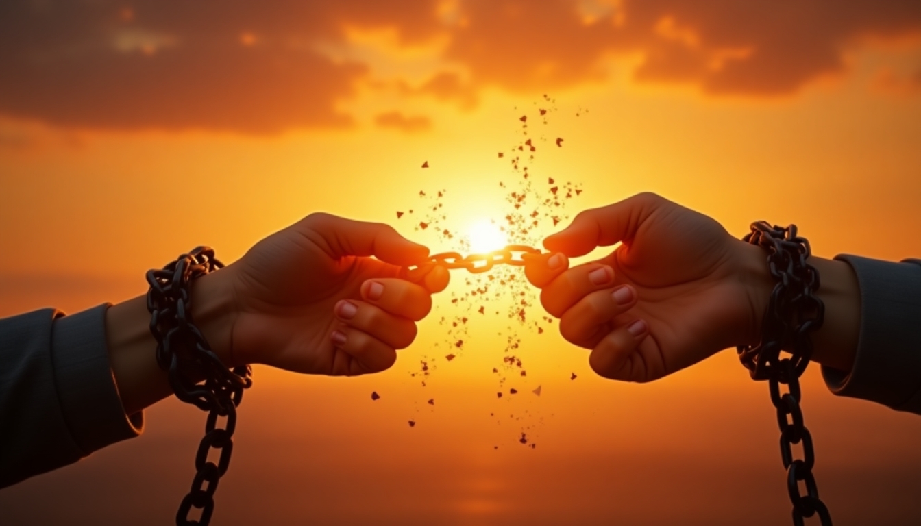  Create a powerful and symbolic image of human liberation. Depict two hands reaching towards each other against a dramatic sunset backdrop. The hands should be shackled with heavy chains, but the chains are breaking apart in the middle, with the broken links turning into particles that blend into the light of the setting sun. The hands should convey a sense of struggle turning into freedom, with light rays piercing through the broken chains, emphasizing hope and transformation.