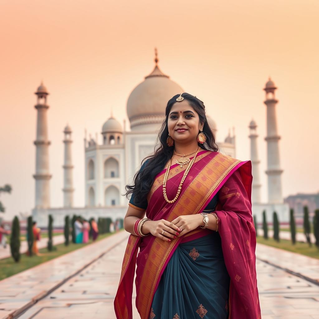 An Indian curvy women wearing traditional dress standing in front of taj mahal