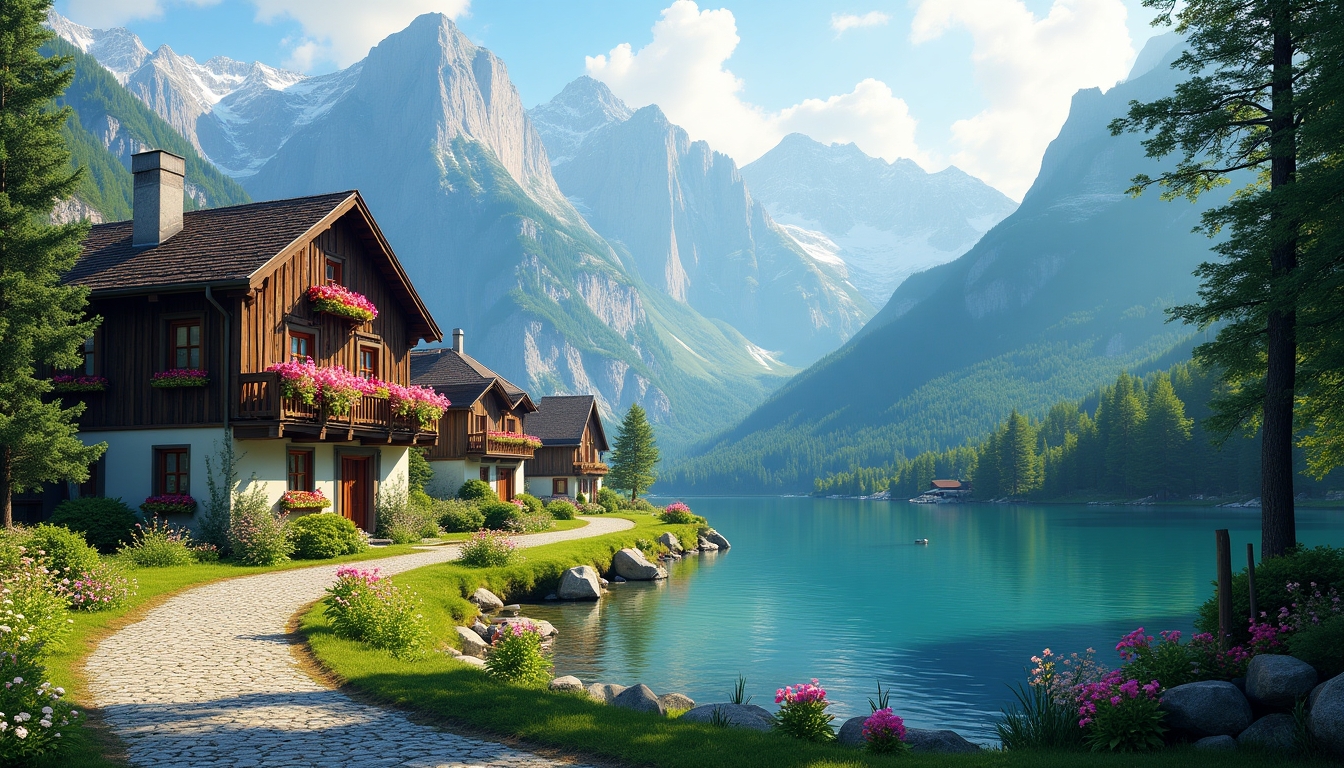   Create a stunning digital painting of a serene mountain village nestled between towering, snow-capped peaks. The village should feature charming wooden chalets with vibrant, blooming flower gardens along a winding cobblestone path that leads to a crystal-clear alpine lake. The scene should be bathed in soft, golden sunlight, highlighting the lush greenery and the tranquil water reflecting the majestic mountains. Ensure the image conveys a sense of peace, beauty, and untouched nature.