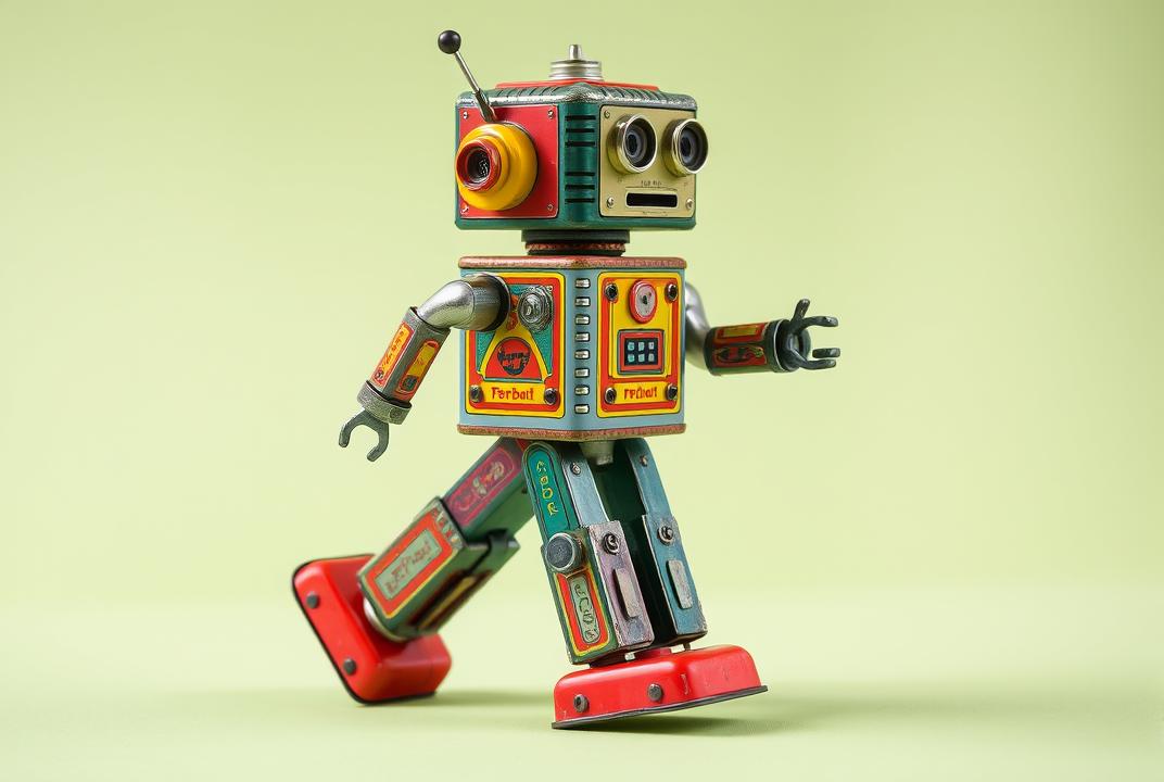  - A colorful tin robot that walks and makes mechanical sounds when wound up. Features a vintage design with a retro look, reminiscent of s sci-fi. ;