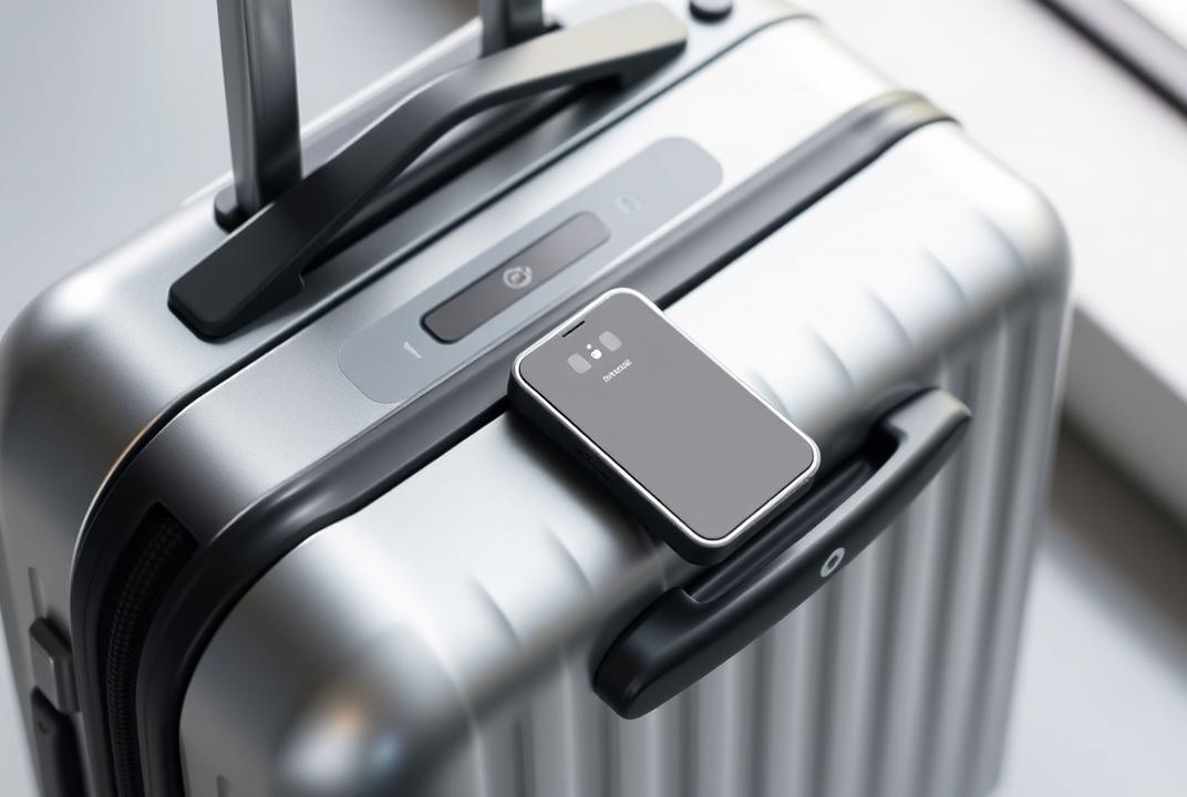 . Corporate: A sleek, silver smart luggage with a GPS tracker and a built-in power bank.;