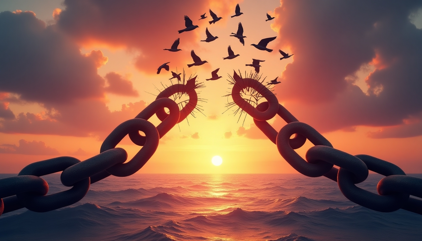 Create an image titled "On The Wings Of Freedom - Birds Flying And Broken Chains - Charge Concept". The scene should feature a dramatic sunset over the ocean, with the sun just above the horizon. The sky should be filled with vibrant hues of orange, pink, and purple. In the center, a large, heavy chain should appear to be breaking apart, with the broken links forming an arch. From the break, a flock of birds should be flying upwards, symbolizing freedom. The birds should be detailed and in various stages of flight, creating a sense of movement and liberation. The overall mood should be one of triumph and release.