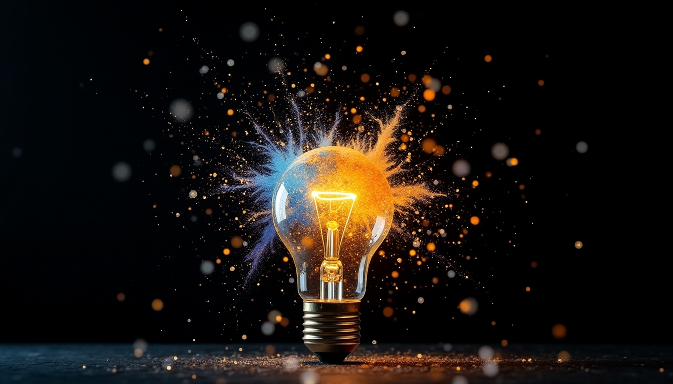 Create a high-speed photograph capturing the dramatic explosion of a traditional electric bulb. The bulb should be in the process of shattering, with vibrant, colorful fragments flying outward against a dark, black background. The explosion should showcase a mix of golden and blue hues, creating a stunning contrast. Ensure the image captures the moment with high detail and dynamic energy, emphasizing the beauty and power of destruction