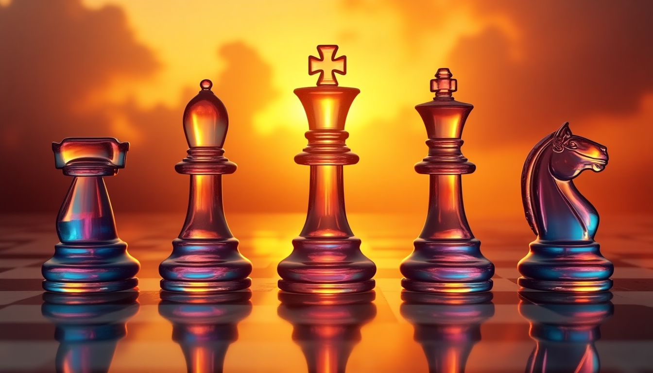  Create a vibrant and dynamic image of chess pieces, specifically a king, queen, rook, bishop, and knight, set against a dramatic sunset background. The chess pieces should appear almost translucent with colorful reflections, enhancing the surreal and strategic atmosphere of the scene. The background should feature intense hues of orange, yellow, and red, blending seamlessly to create a sense of depth and intensity.