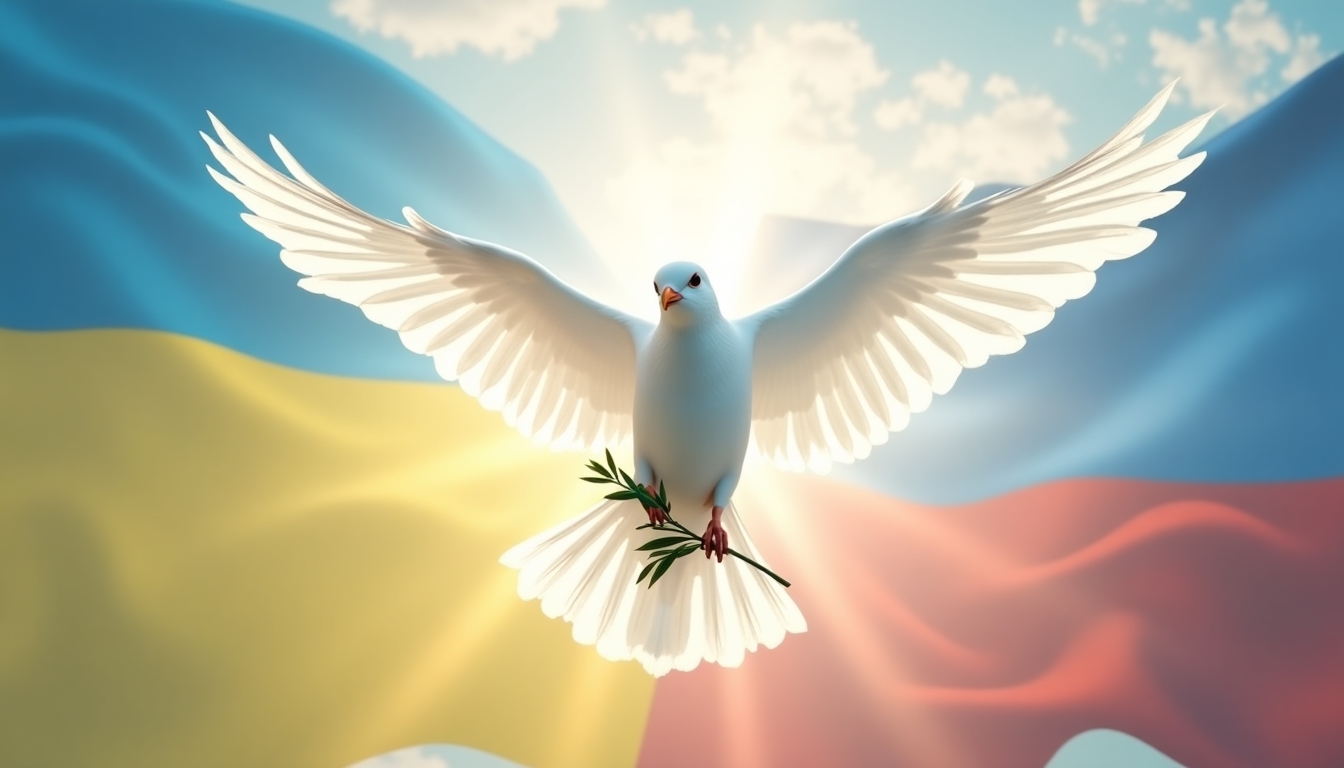 Create an impactful image that symbolizes peace talks between USA and Russia, using the provided image as inspiration. The image should feature a majestic white dove holding an olive branch, soaring above the intertwined flags of Ukraine and Russia. Enhance the background with a vibrant, clear sky with rays of sunlight breaking through the clouds, symbolizing hope and a new beginning. Ensure the dove is illuminated with a soft, divine light, highlighting its role as a peace messenger. The flags should have a gentle, unifying glow, emphasizing the potential for harmony. The composition should be dynamic, with the dove's wings spread wide, capturing the essence of freedom and peace.