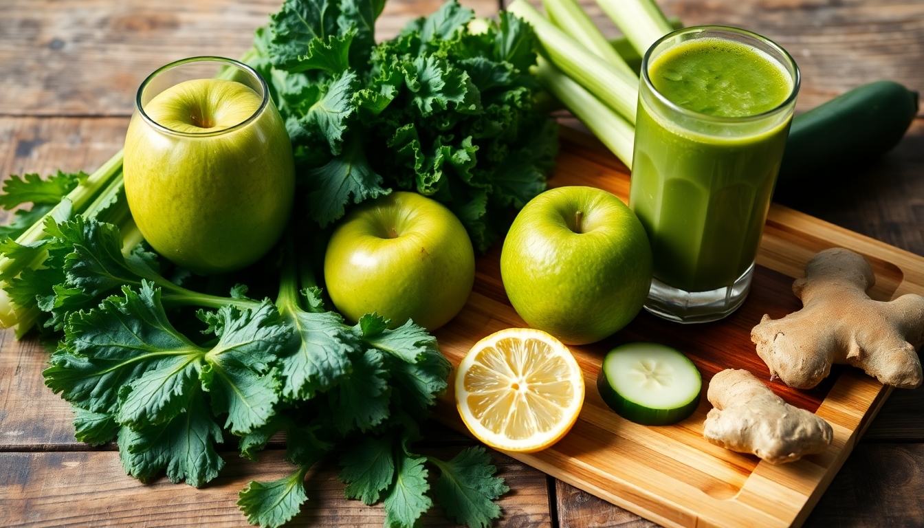 A vibrant still life of fresh green smoothie ingredients arranged on a rustic wooden surface. The scene features a glass of green juice alongside fresh produce, including a green apple, kale leaves, celery stalks, cucumber slices, a lemon wedge, and a piece of ginger. The wooden cutting board holds some of the ingredients, adding a natural touch. The lighting is soft and natural, emphasizing the freshness and textures of the fruits and vegetables, with a cozy and inviting atmosphere.