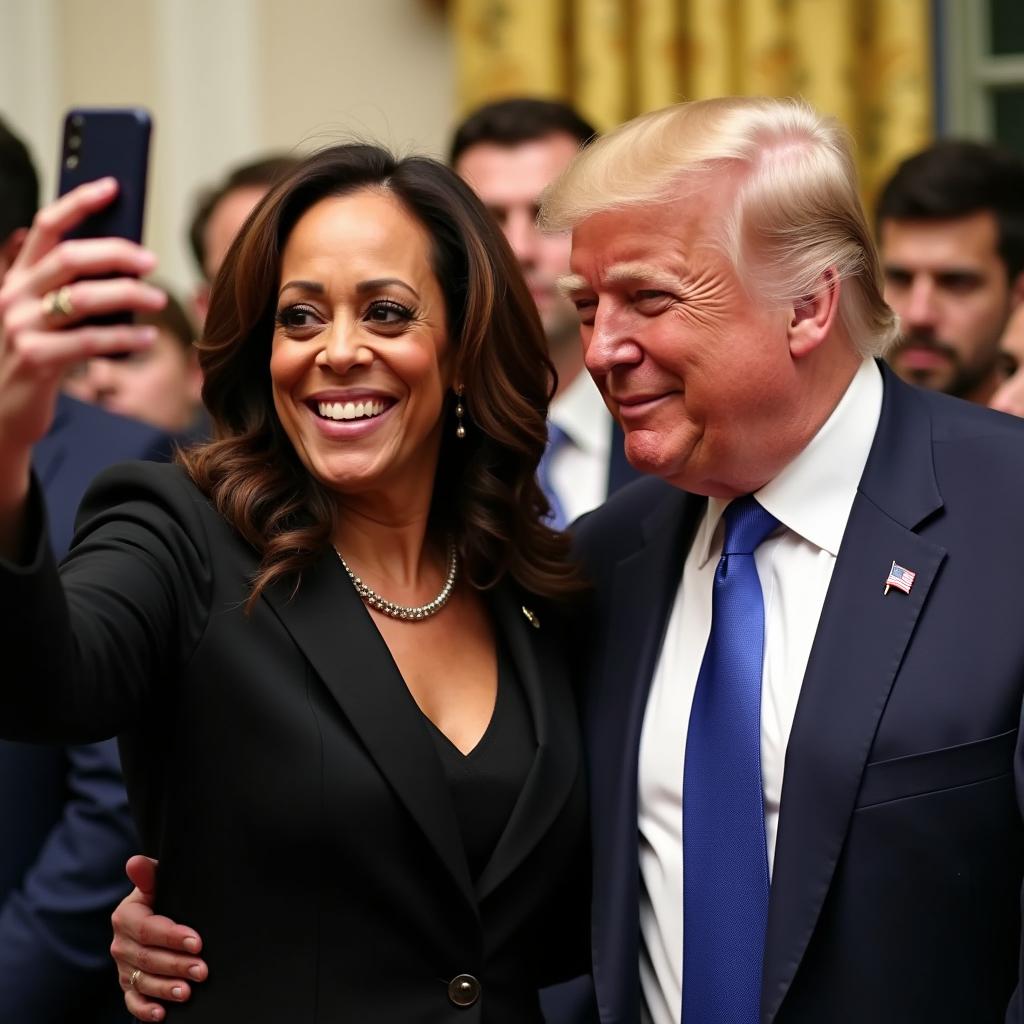 Kamala Harris and Donald Trump taking a selfie together.