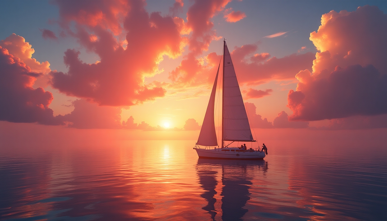  "Create a stunning image of a sailboat gliding on calm ocean waters during a vibrant sunset. The sky should be filled with a spectacular array of colors ranging from deep oranges to soft pinks, with dramatic clouds adding depth. The sailboat should be detailed, with visible passengers enjoying the serene moment. Enhance the reflection of the sunset on the water to add a magical touch. The overall mood should evoke a sense of adventure, tranquility, and the beauty of nature.