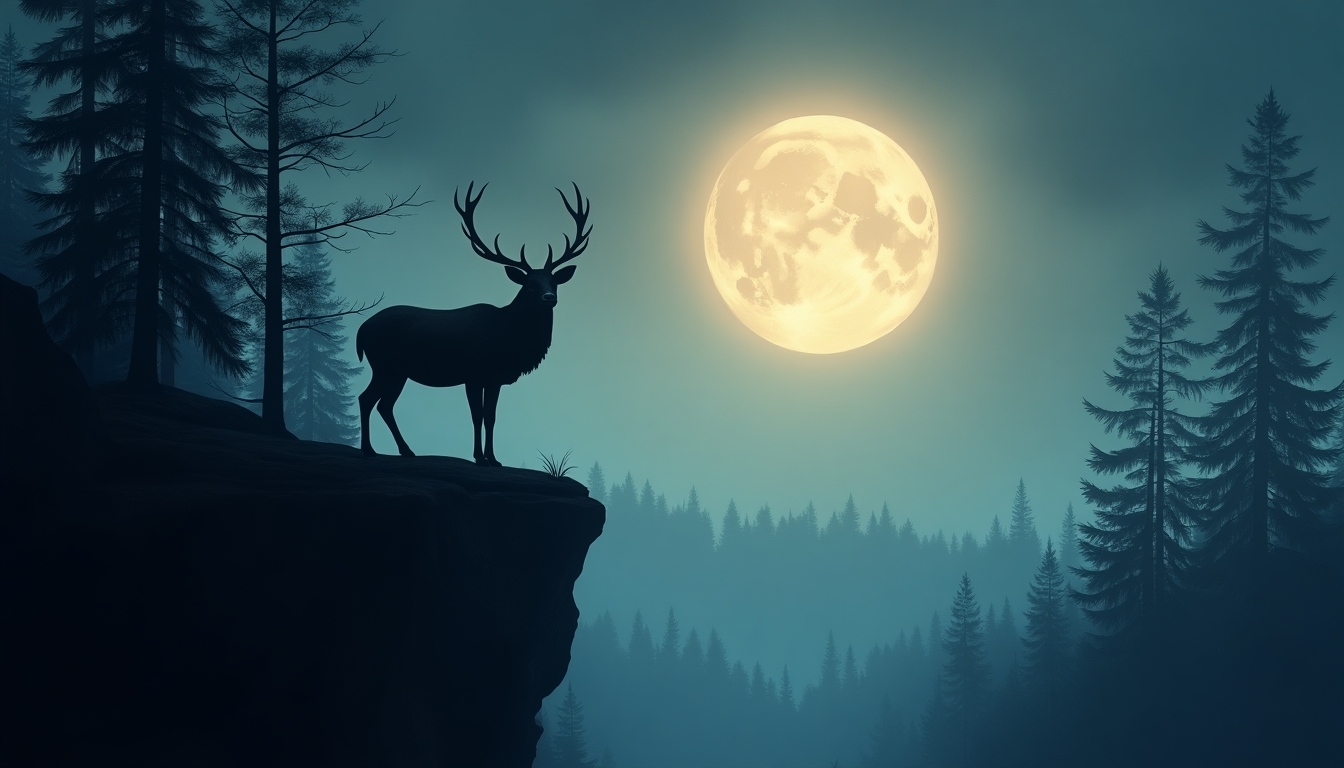  Create an image of a majestic stag standing on the edge of a cliff overlooking a misty forest under a large, glowing moon. The scene should evoke a sense of mystery and wonder, with the stag silhouetted against the moonlight, casting long shadows. The surrounding trees should be tall and dark, contrasting with the ethereal light of the moon. The cliff should be rugged and dramatic, adding to the sense of adventure and solitude.