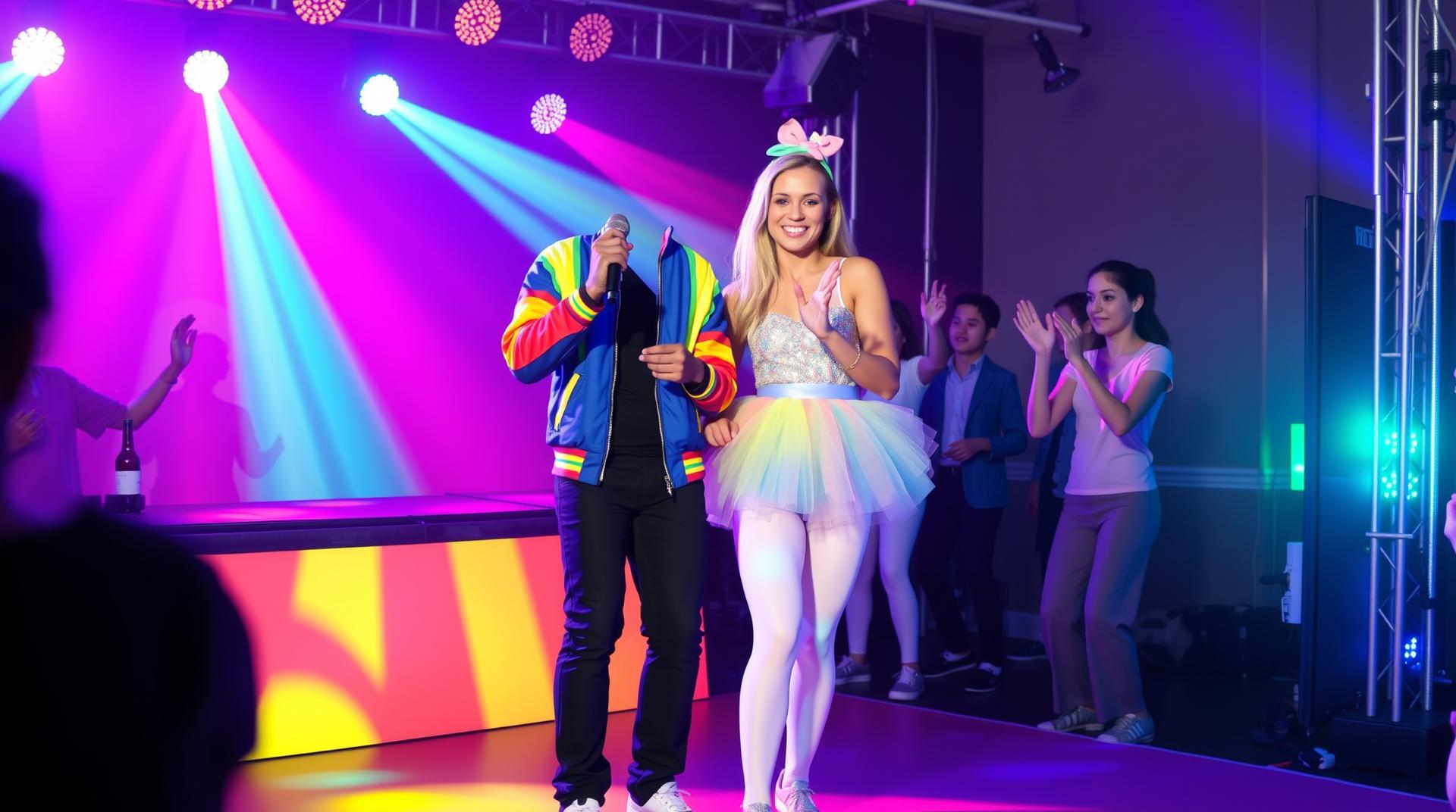 A vibrant dance party begins! DJ Jazzy Ray, a 25-year-old male with medium brown skin, stands on a colorful stage with neon rainbow lights behind him. He wears a colorful jacket with neon rainbow stripes, white sneakers, and a matching rainbow cap. Holding a microphone, he smiles excitedly, hyping up the crowd. Next to him, Sparkle, a 23-year-old female with light tan skin, wears a sparkly rainbow tutu, pastel leggings, glittery sneakers, and a star-shaped hair clip. The stage glows with colorful lights as kids cheer, ready for the new dance moves!"

