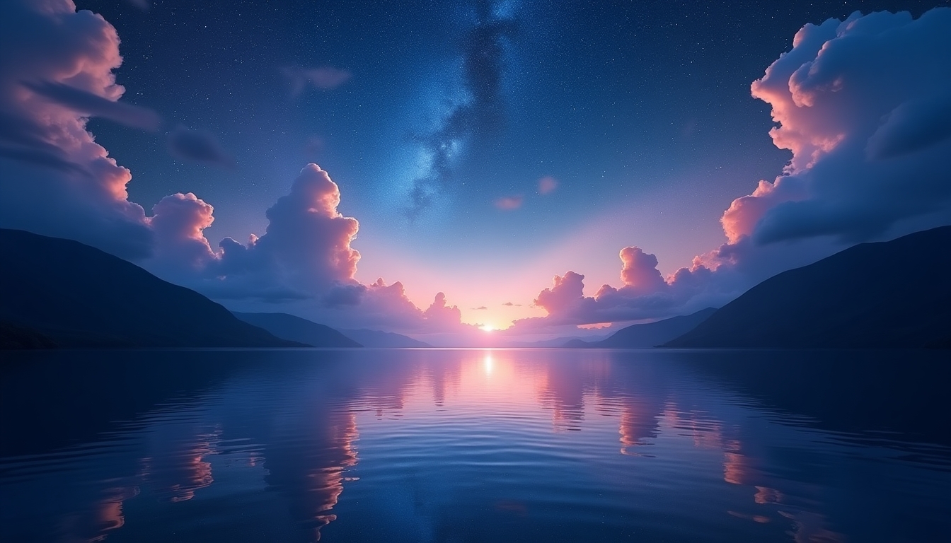 Create an image of a mesmerizing night sky over a serene body of water, where the sky is filled with vibrant, glowing clouds illuminated by countless stars. The scene should capture the ethereal beauty of the night, with the stars reflecting on the calm water, creating a perfect mirror effect. Add majestic mountains on either side of the water, subtly lit by the starlight to enhance the depth and grandeur of the scene. The overall atmosphere should be mystical and awe-inspiring, evoking a sense of wonder and tranquility.