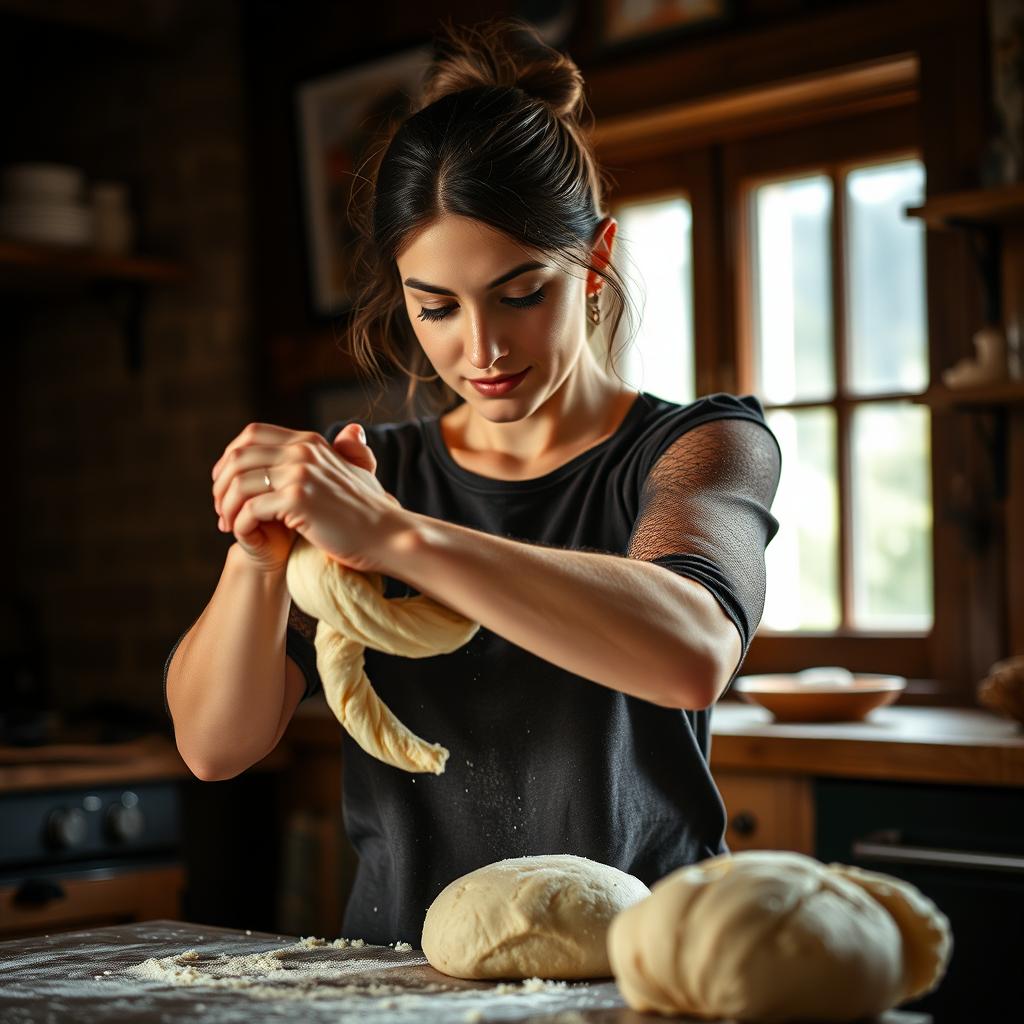 In the cozy warmth of a rustic kitchen, a young woman expertly kneads dough with rapid, precise movements. Her hands, strong yet graceful, press and fold the dough with practiced ease, creating a mesmerizing rhythm. The soft light filters through the window, highlighting her focused expression and the smooth, flowing motions of her arms. Each twist and turn of the dough is a testament to her skill and dedication.

Her presence radiates a quiet confidence, and you can't help but be drawn into the hypnotic dance of her hands. The dough transforms under her touch, becoming pliant and ready for baking. Her movements are both artful and efficient, demonstrating a deep connection to the craft of bread-making.