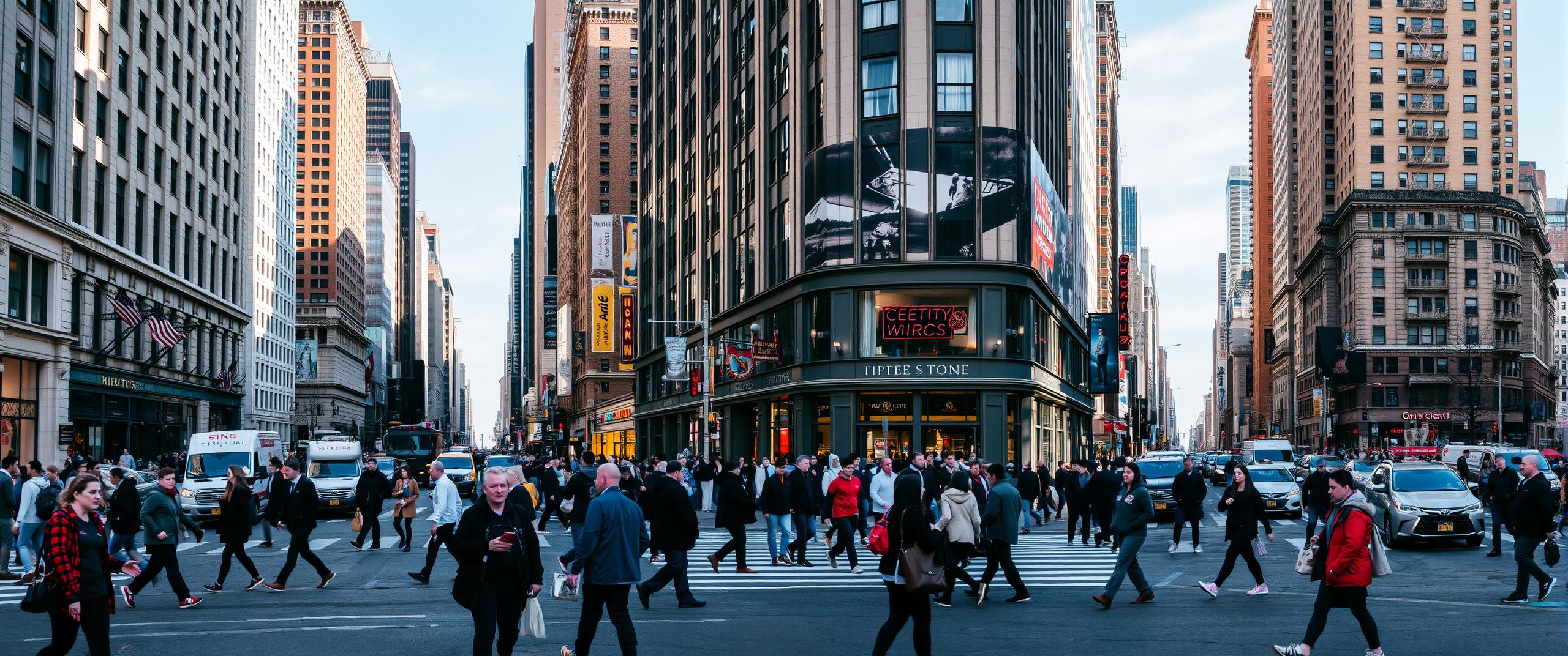 new york city centre busy street with many people walking around in the cross walk intersection.